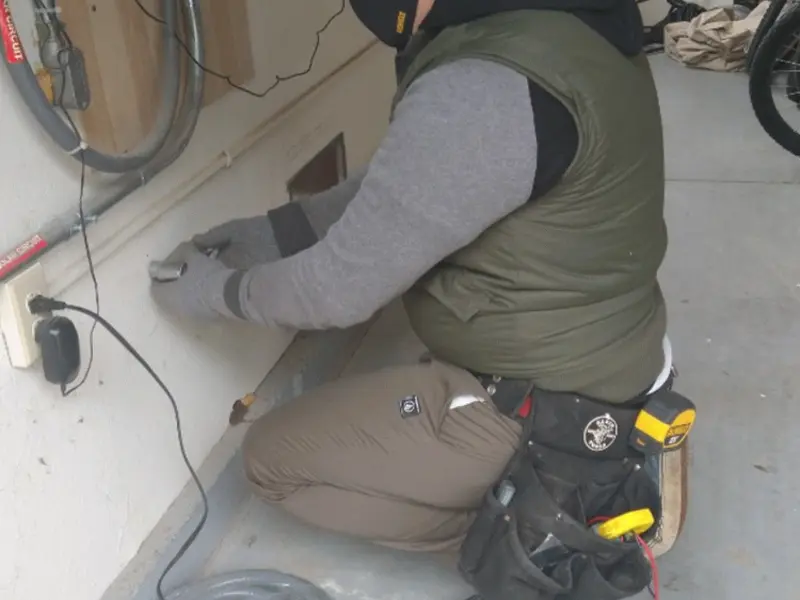 Electrician performing outlet wiring in a Northbrook garage